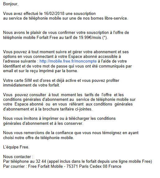 Carte Sim Free mobile reçue