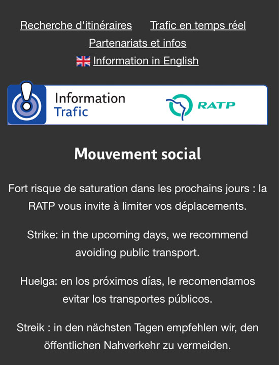 RATP　ストライキに関する情報