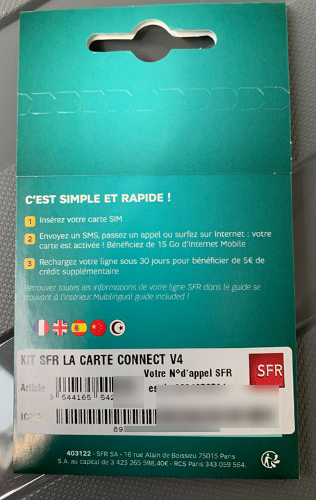 SFR LA CARTE CONNECTパッケージの裏面です。