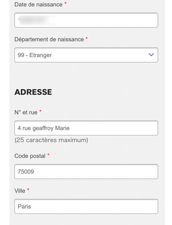 SFR personal data registration screen. Enter your address.