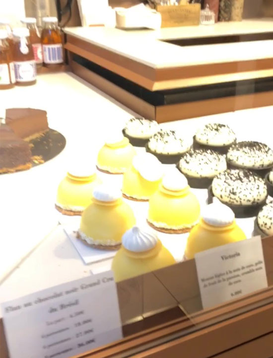 Cakes in the showcase.