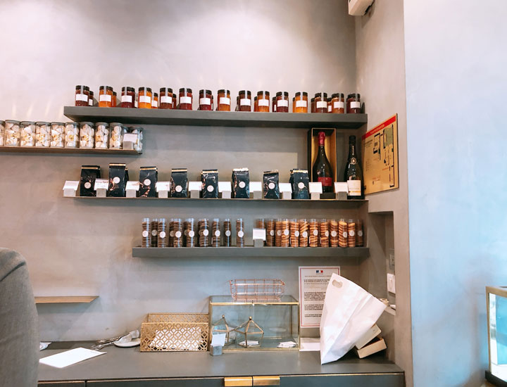 Shelves behind the counter.