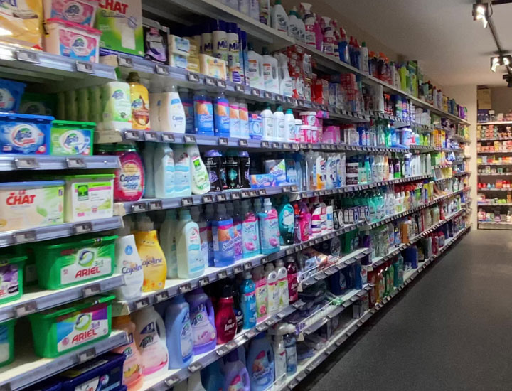Supermarket detergent section.