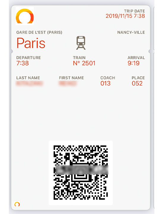 E-Ticket from Paris to Nancy.