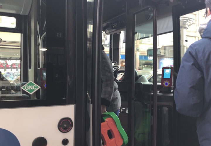 Automatic ticket gates at bus entrances.