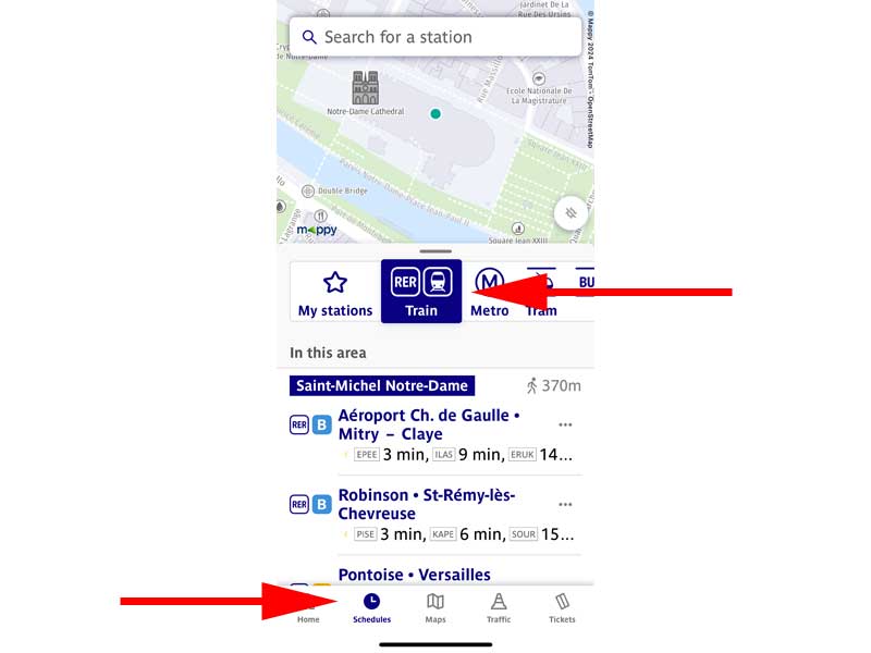 「Schedules」をタップします。続いて「Train」をタップします。