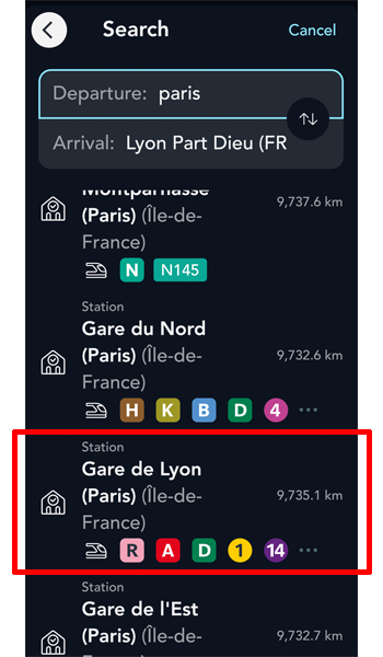 出発地を選択します。ここでは「Gare de Lyon」を選択します。