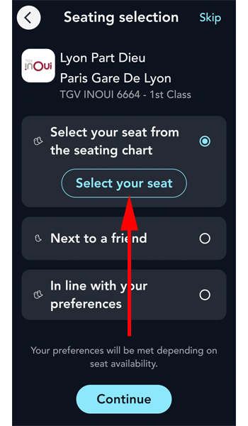 「Select your seat 」をタップします。