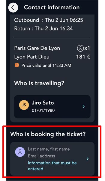 「Who is booking the ticket?」をタップします。
