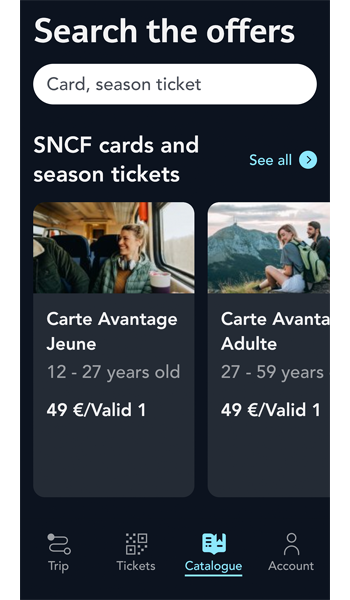 「SNCF cards」と「Season tickets」が表示されます。