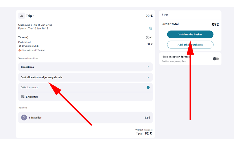 旅程確認画面が表示されますので、「Seat allocation and journey details」をクリックします。