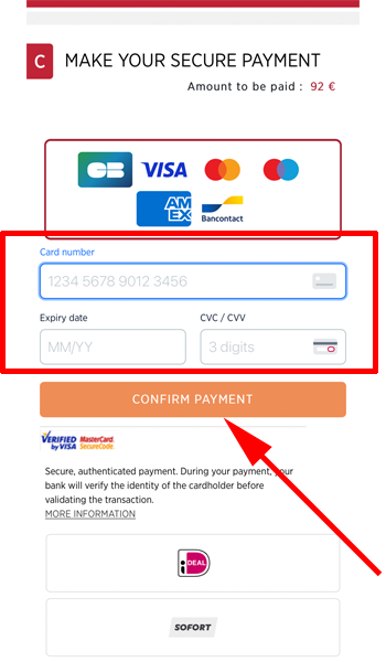 クレジットカード情報を入力して、CONFIRM PAYMENTをタップします。