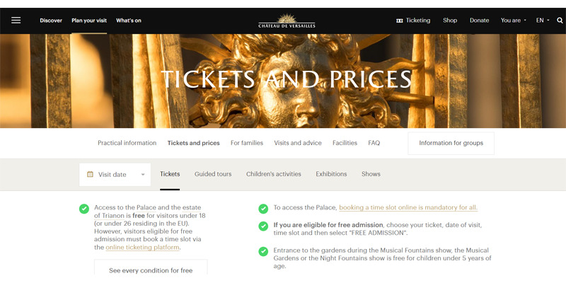 ヴェルサイユ宮殿公式サイト、チケット購入ページへアクセスします。